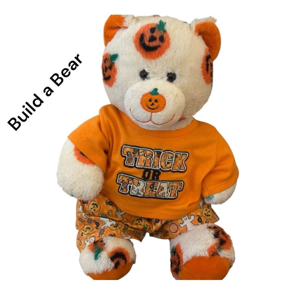 Build A Bear Pumpkin Bear White Orange Jack O Lantern Halloween Shirt 15"